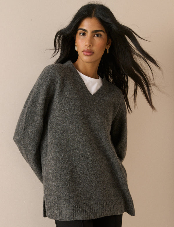 Grey Marl V-Neck Longline Jumper