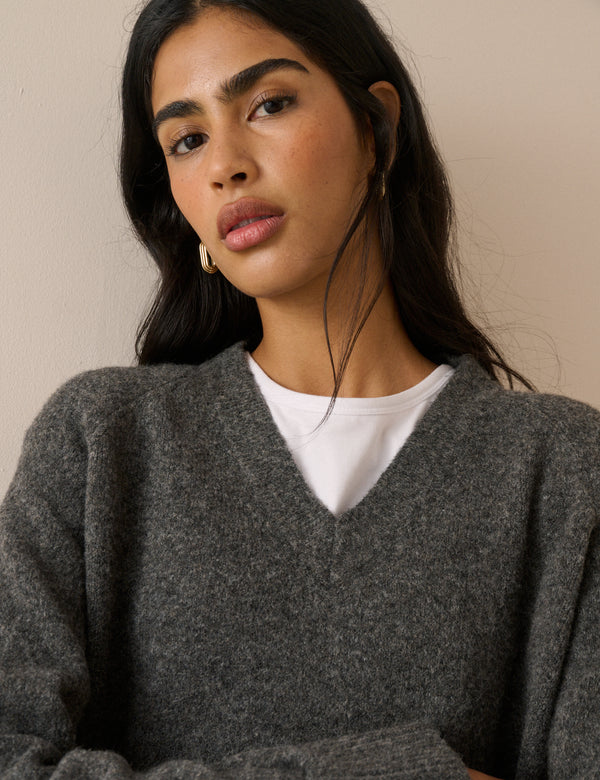 Grey Marl V-Neck Longline Jumper