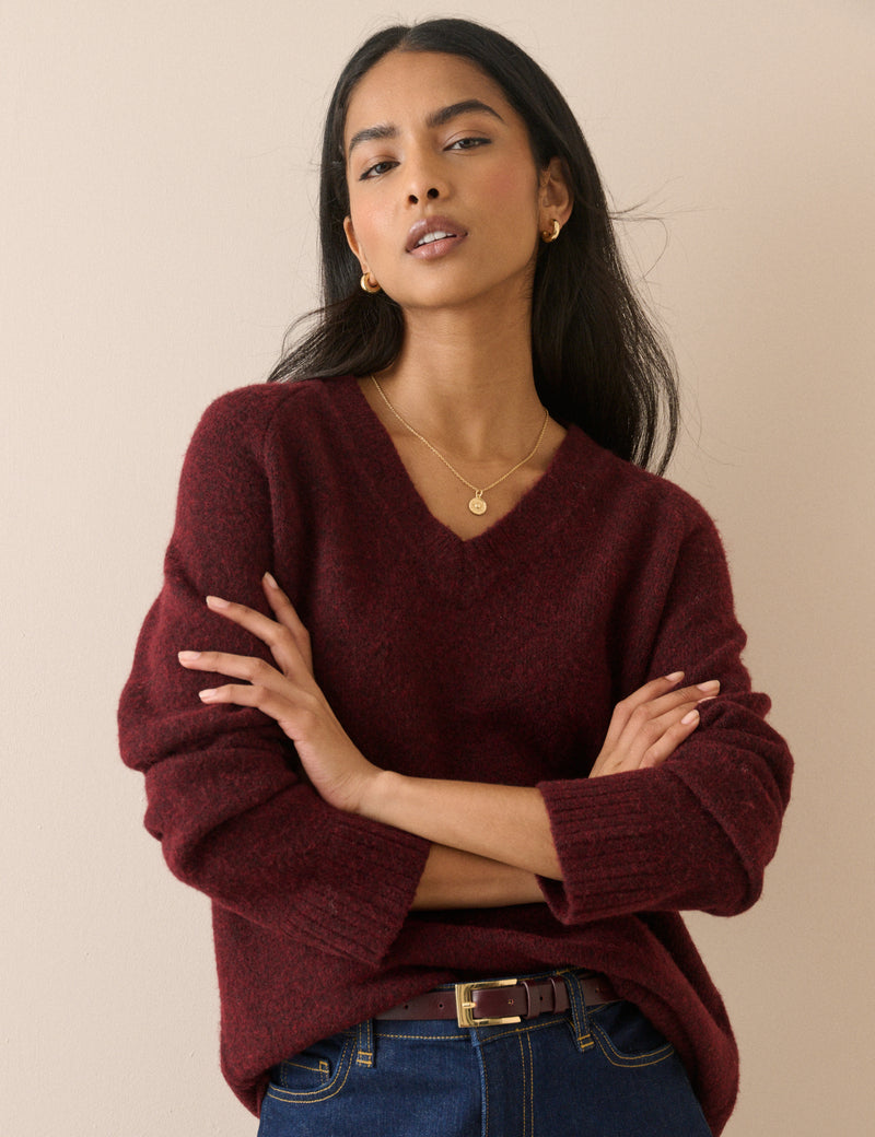 Red Marl V-Neck Longline Jumper