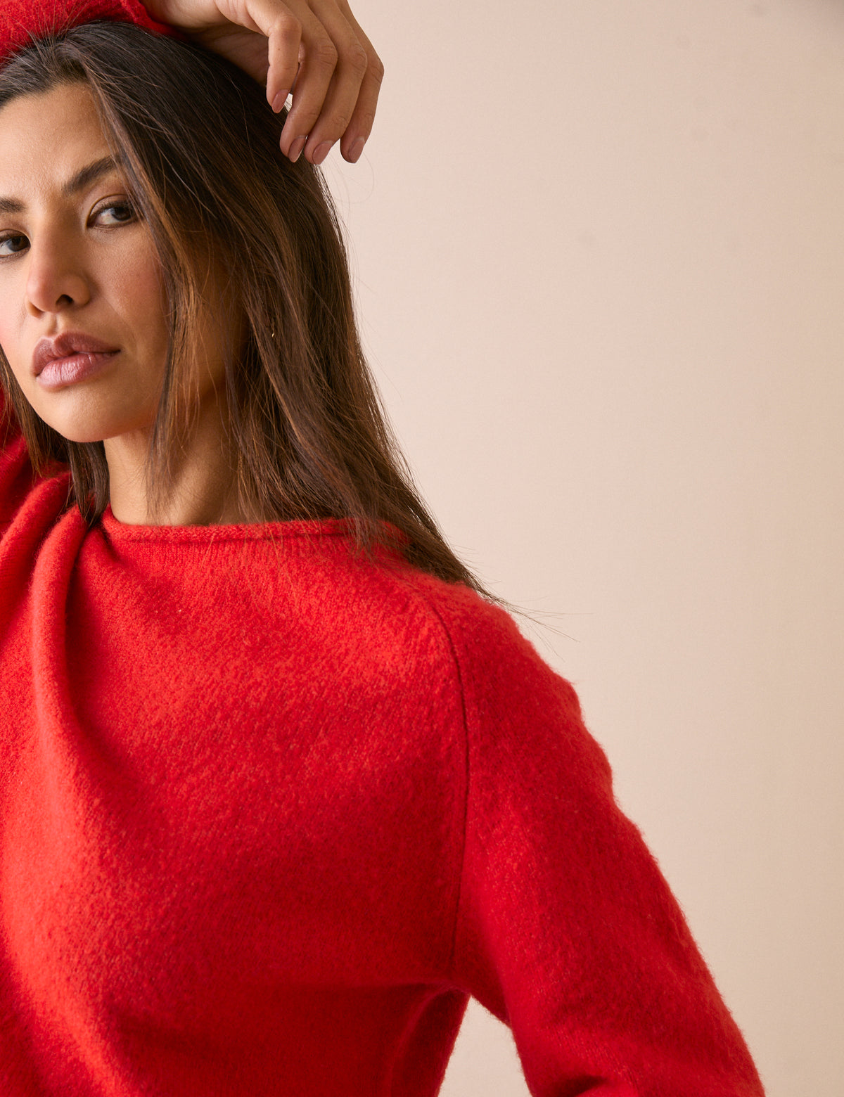 Red Ribbed Trim Boat Neck Jumper