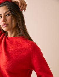 Red Ribbed Trim Boat Neck Jumper