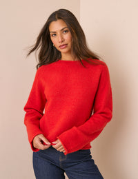 Red Ribbed Trim Boat Neck Jumper