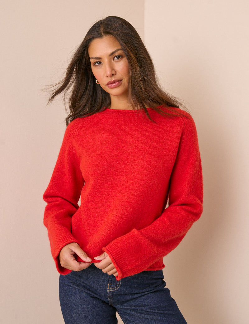 Red Ribbed Trim Boat Neck Jumper