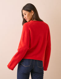 Red Ribbed Trim Boat Neck Jumper