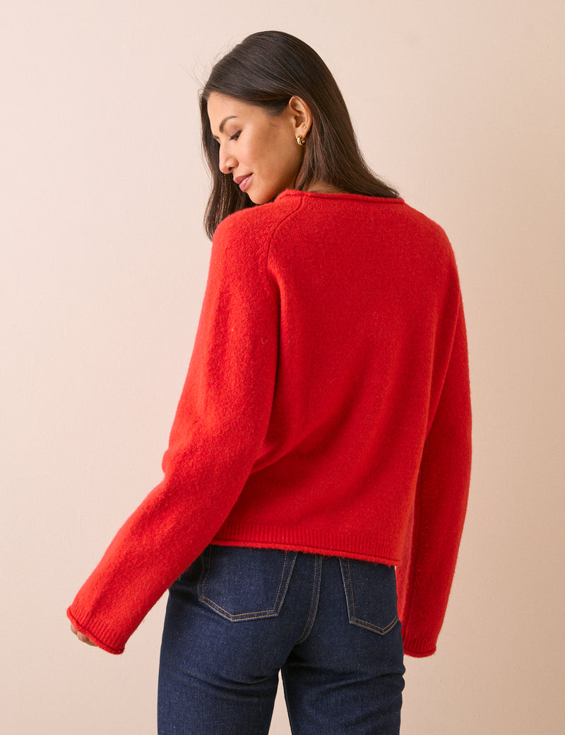 Red Ribbed Trim Boat Neck Jumper