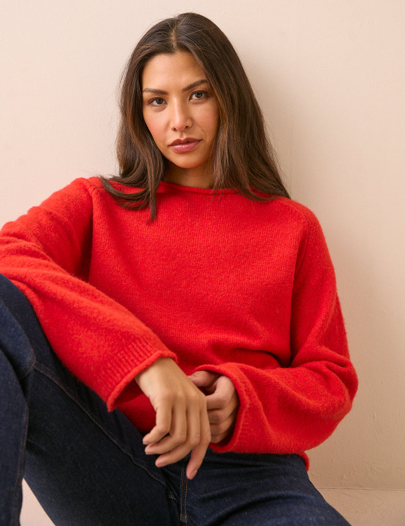 Red Ribbed Trim Boat Neck Jumper