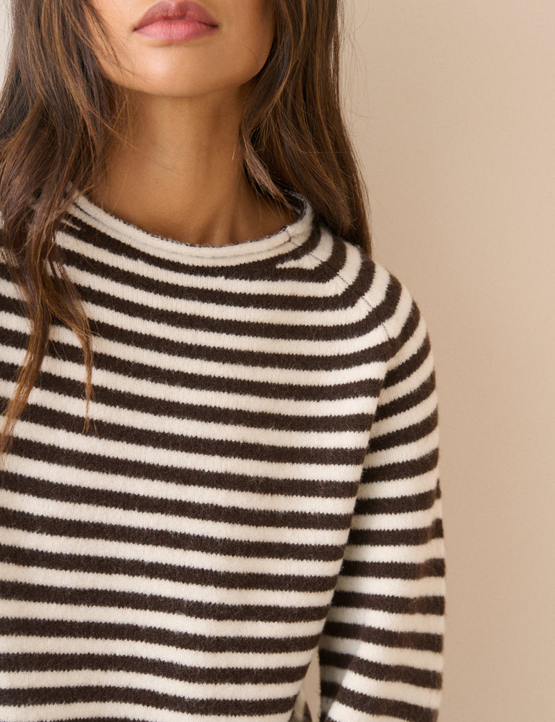 Brown Striped Ribbed Trim Boat Neck Jumper