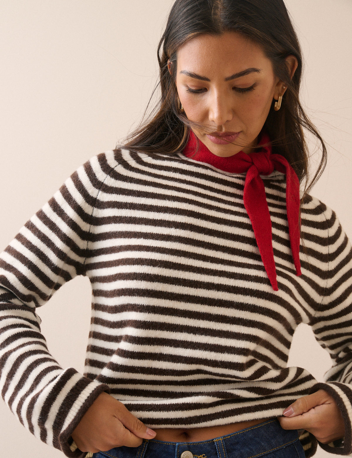 Brown Striped Ribbed Trim Boat Neck Jumper