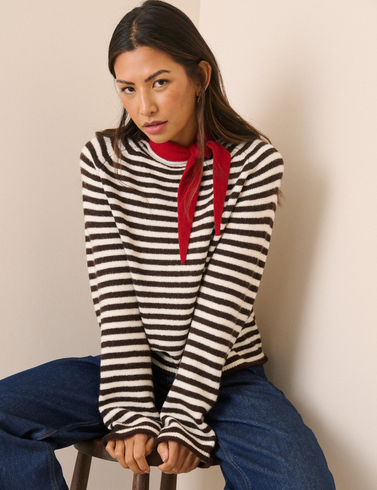 Brown Striped Ribbed Trim Boat Neck Jumper
