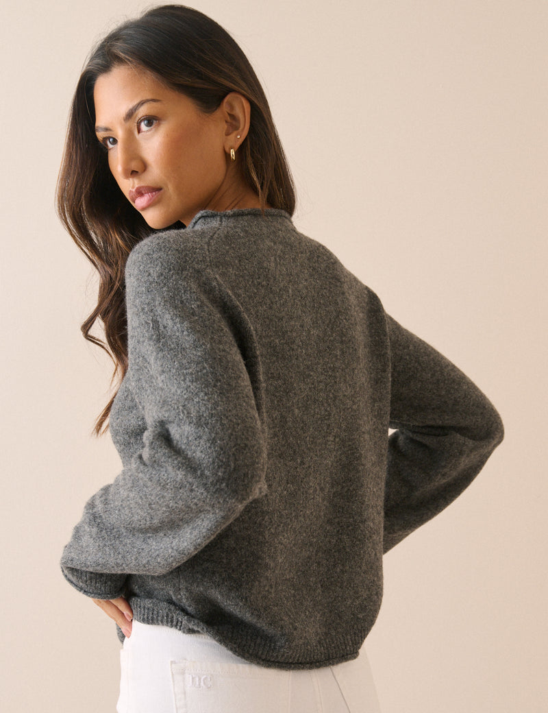 Grey Marl Ribbed Trim Boat Neck Jumper