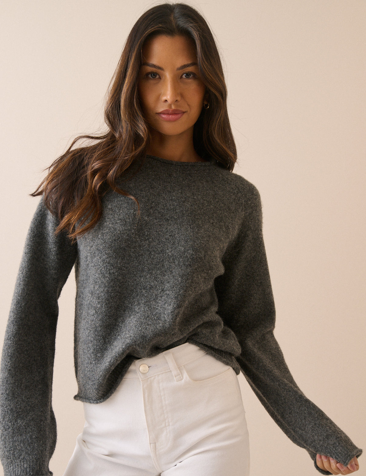 Grey Marl Ribbed Trim Boat Neck Jumper