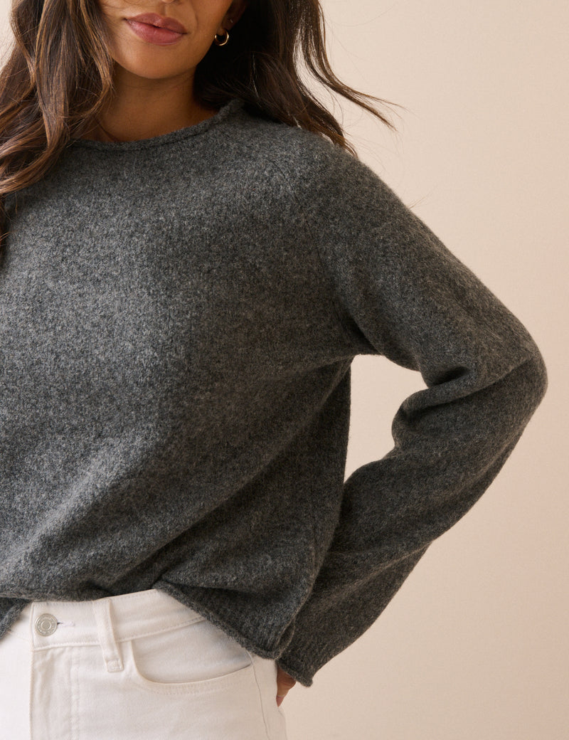 Grey Marl Ribbed Trim Boat Neck Jumper