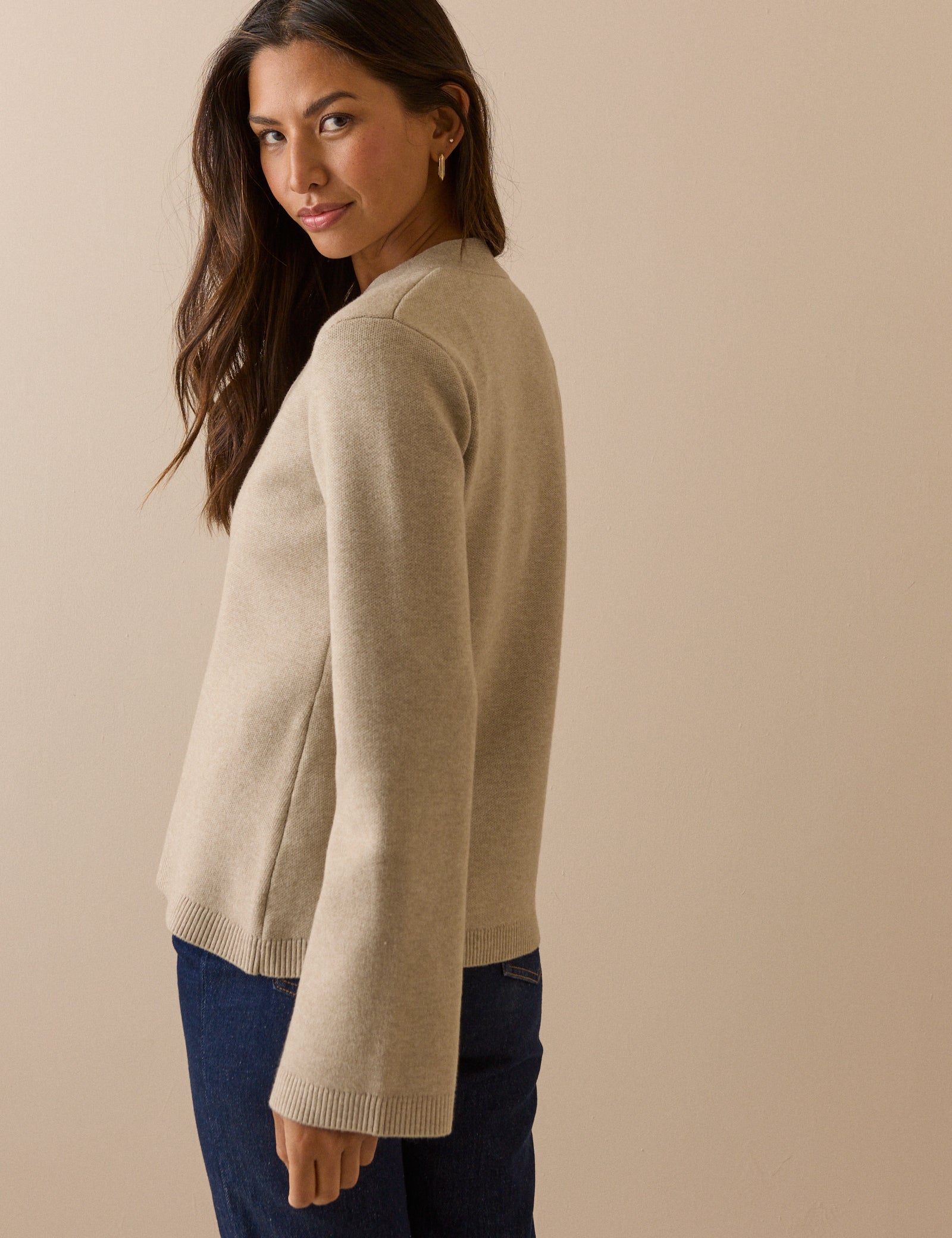 Beige V-Neck Waisted Cardigan