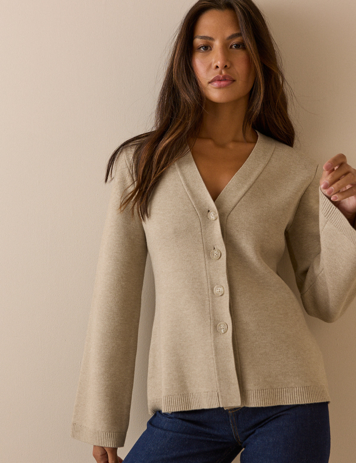 Beige V-Neck Waisted Cardigan