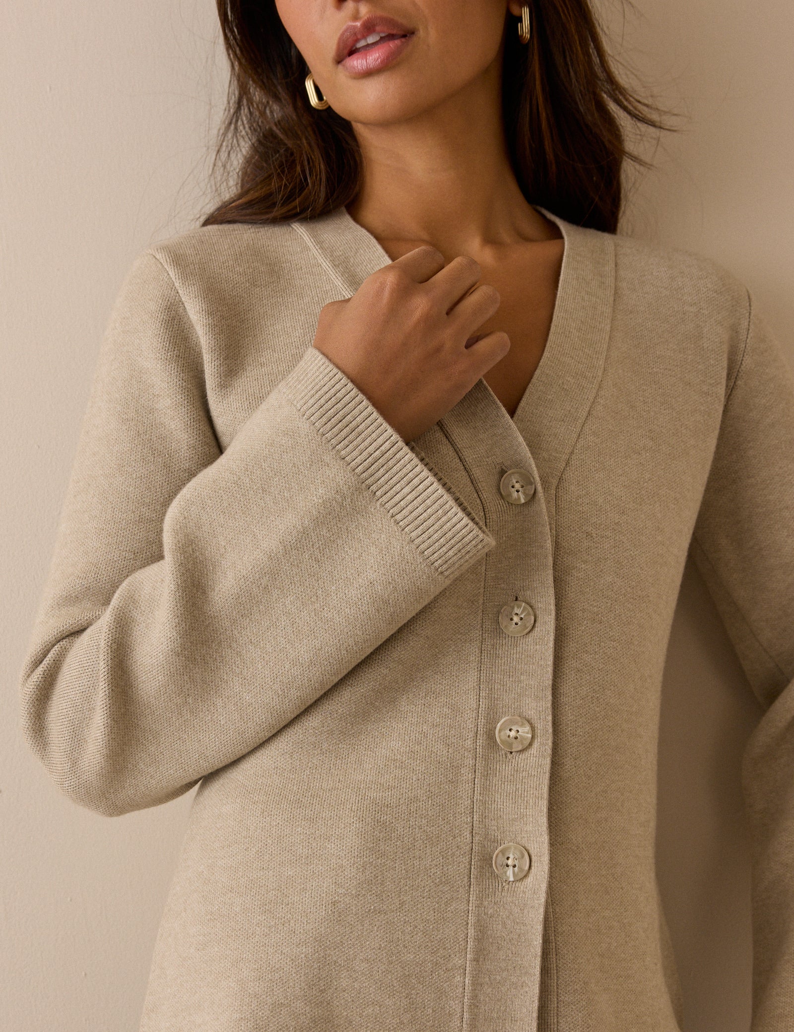 Beige V-Neck Waisted Cardigan