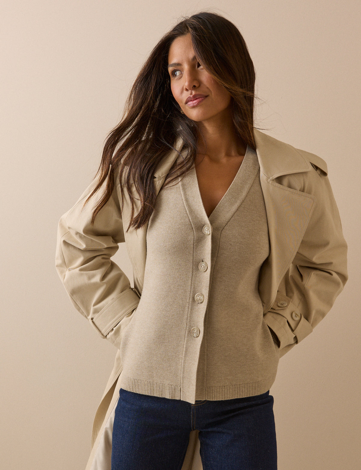 Beige V-Neck Waisted Cardigan