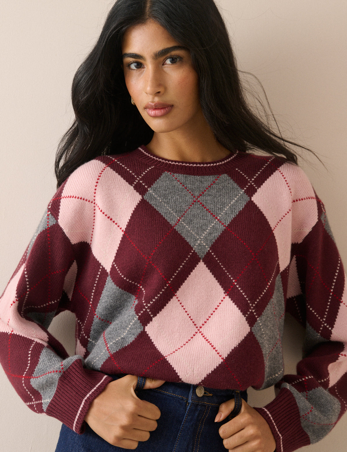 Burgundy Argyle Oversized Wool-Blend Jumper
