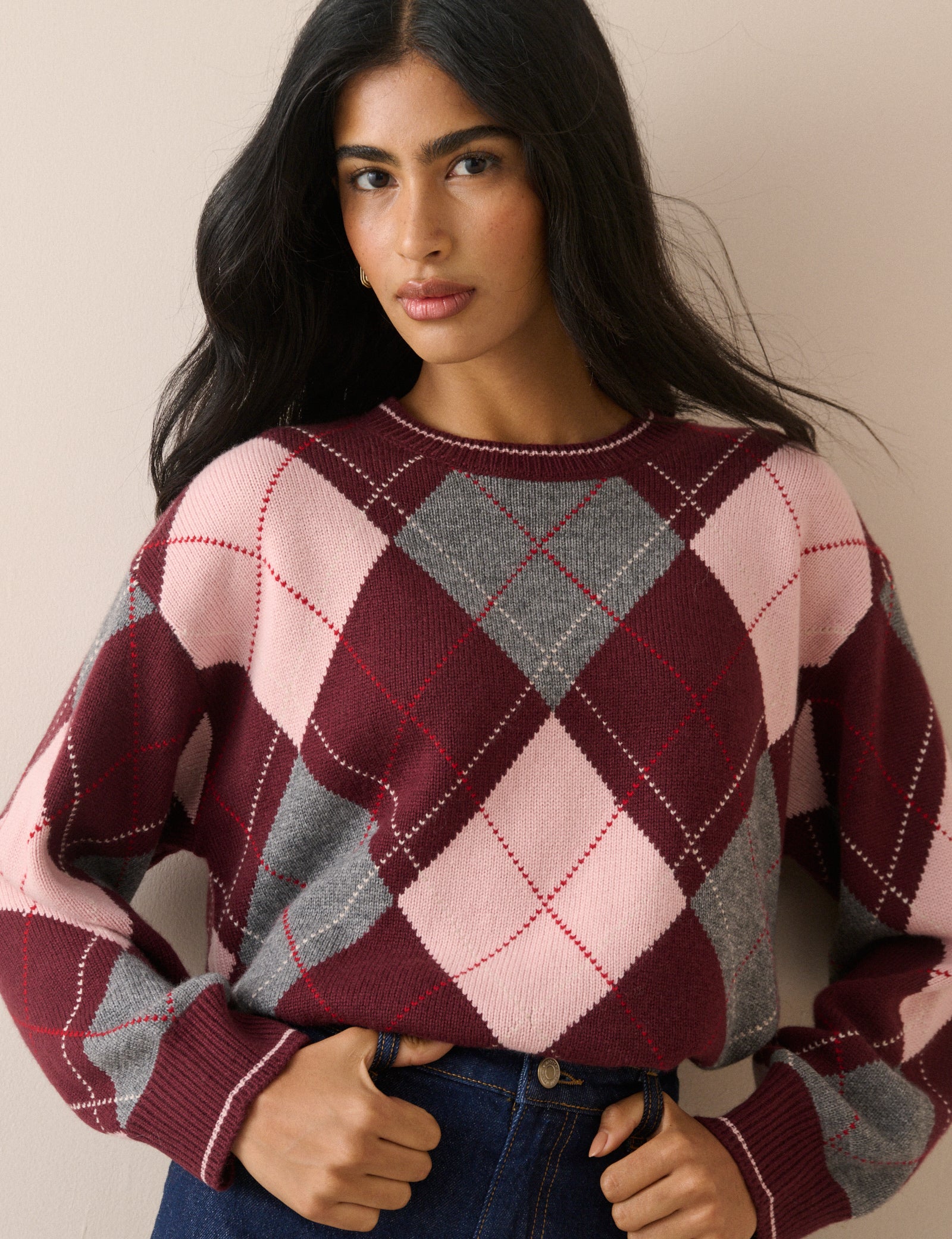 Burgundy Argyle Oversized Wool-Blend Jumper