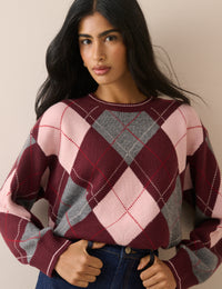 Burgundy Argyle Oversized Wool-Blend Jumper