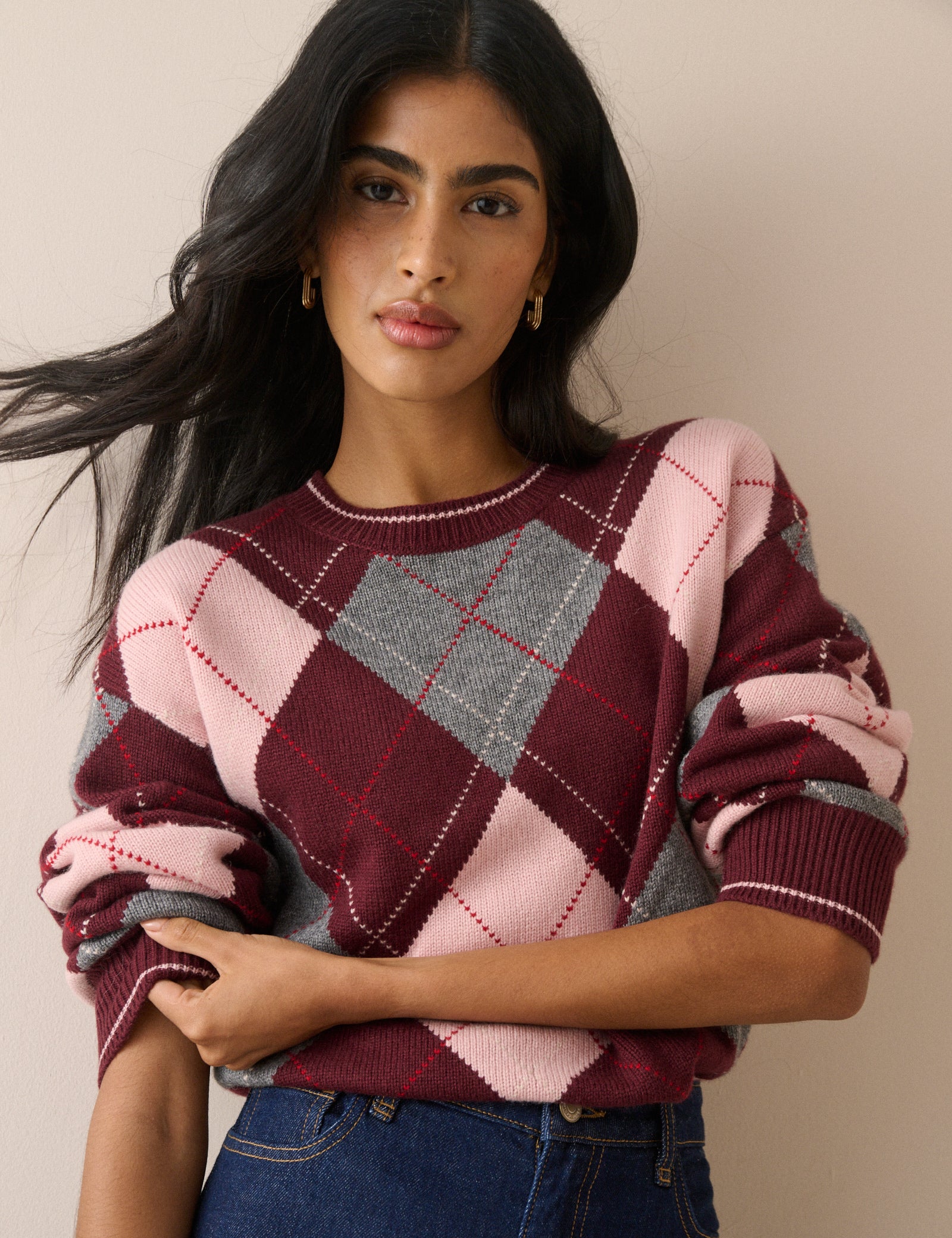 Burgundy Argyle Oversized Wool-Blend Jumper