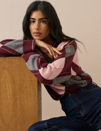 Burgundy Argyle Oversized Wool-Blend Jumper
