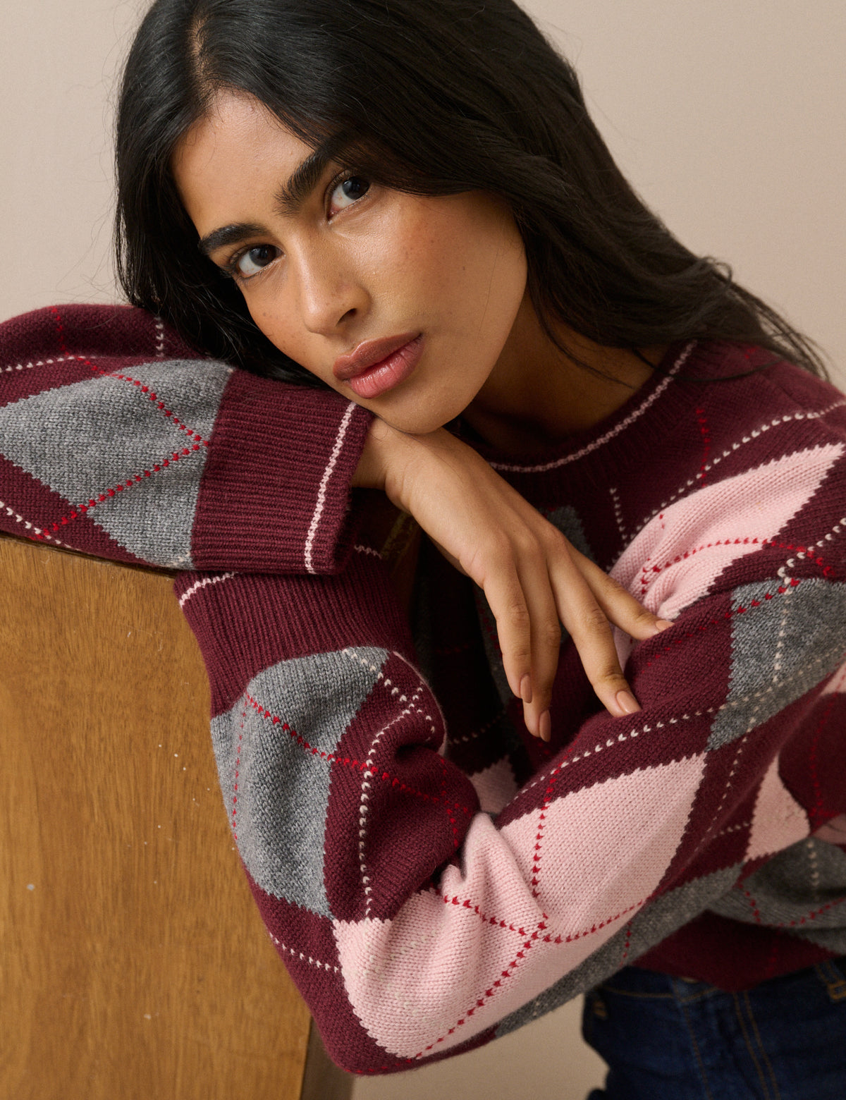 Burgundy Argyle Oversized Wool-Blend Jumper