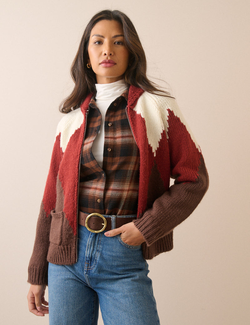Brown and Red Harlequin Check Knitted Jacket