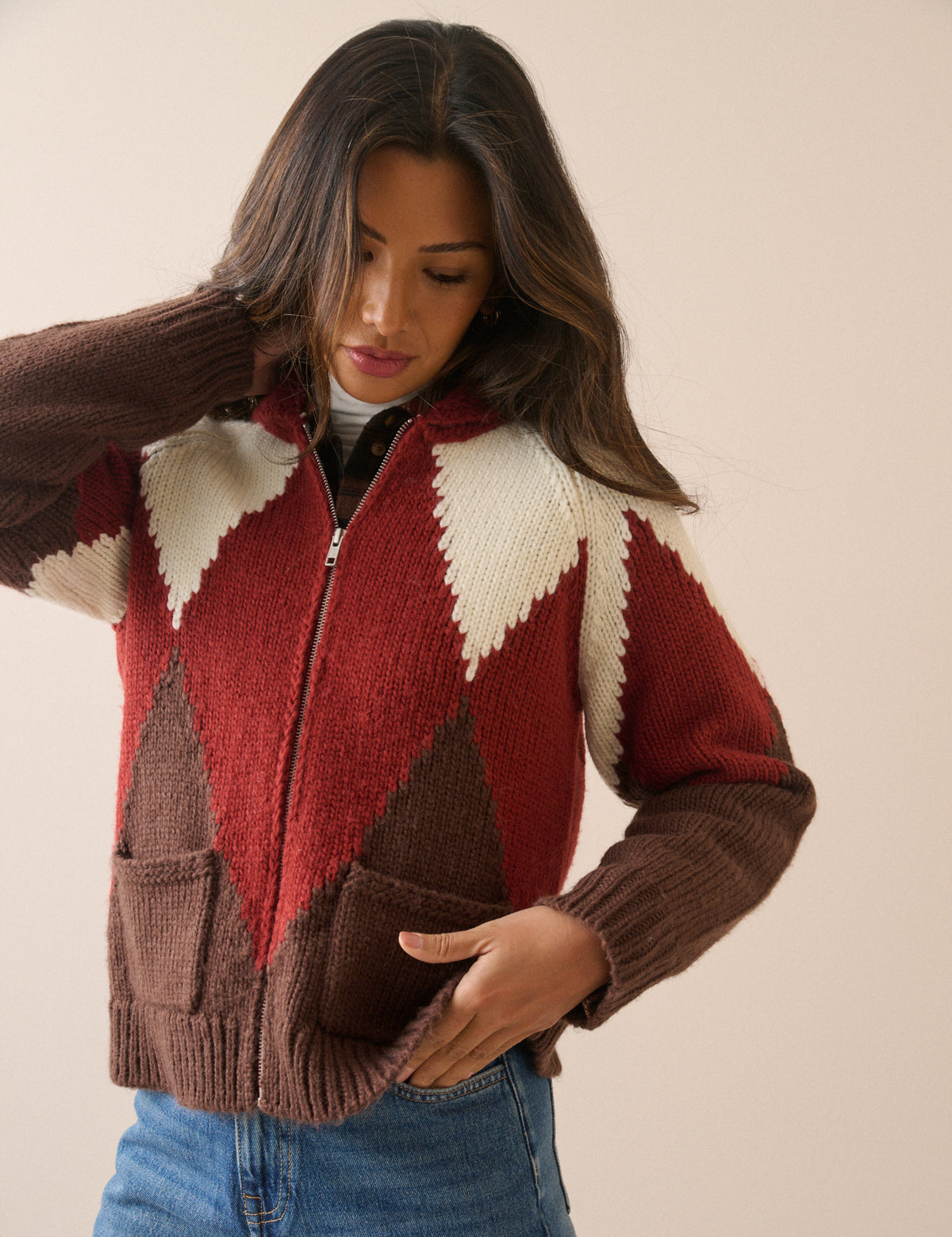 Brown and Red Harlequin Check Knitted Jacket