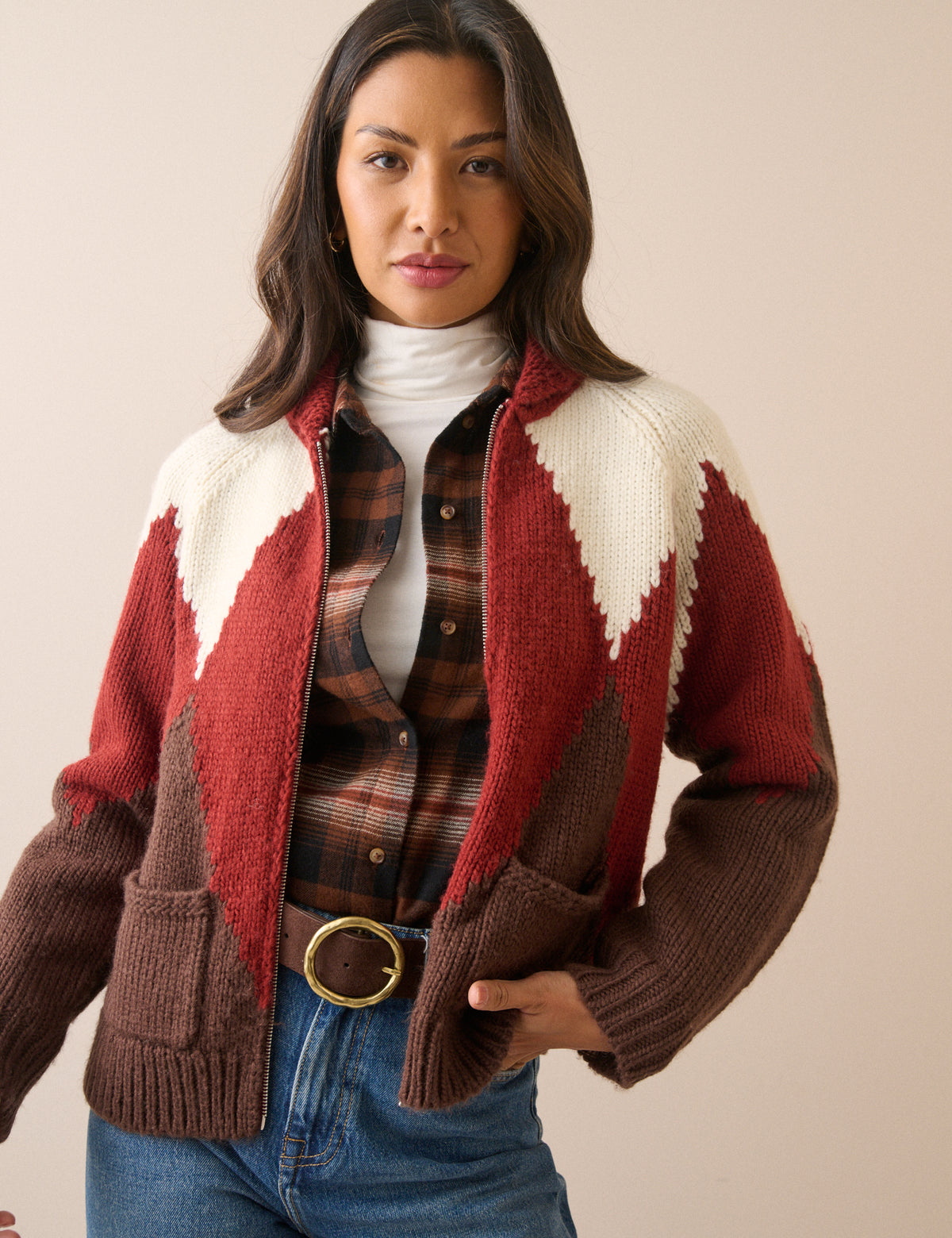 Brown and Red Harlequin Check Knitted Jacket