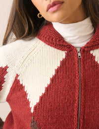 Brown and Red Harlequin Check Knitted Jacket