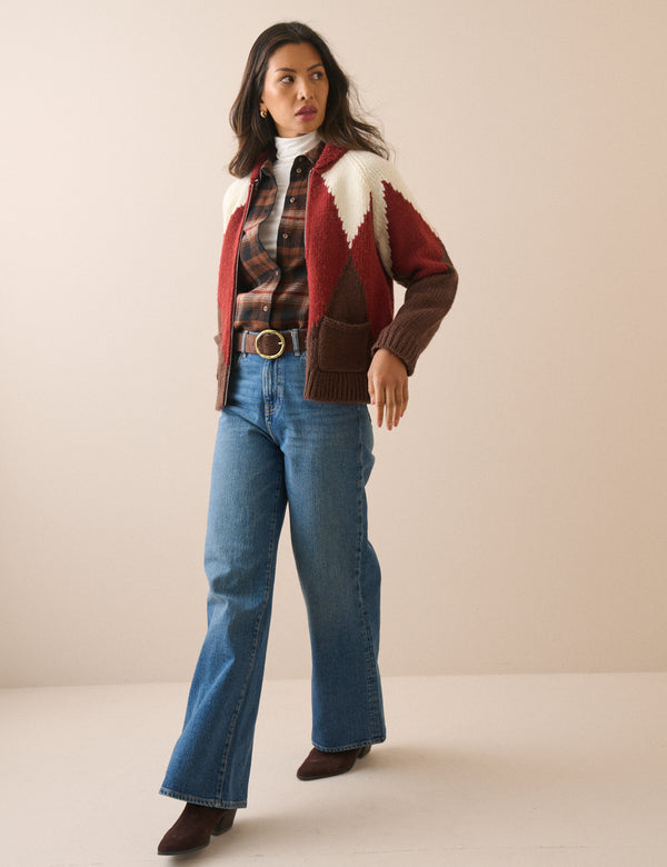 Brown and Red Harlequin Check Knitted Jacket
