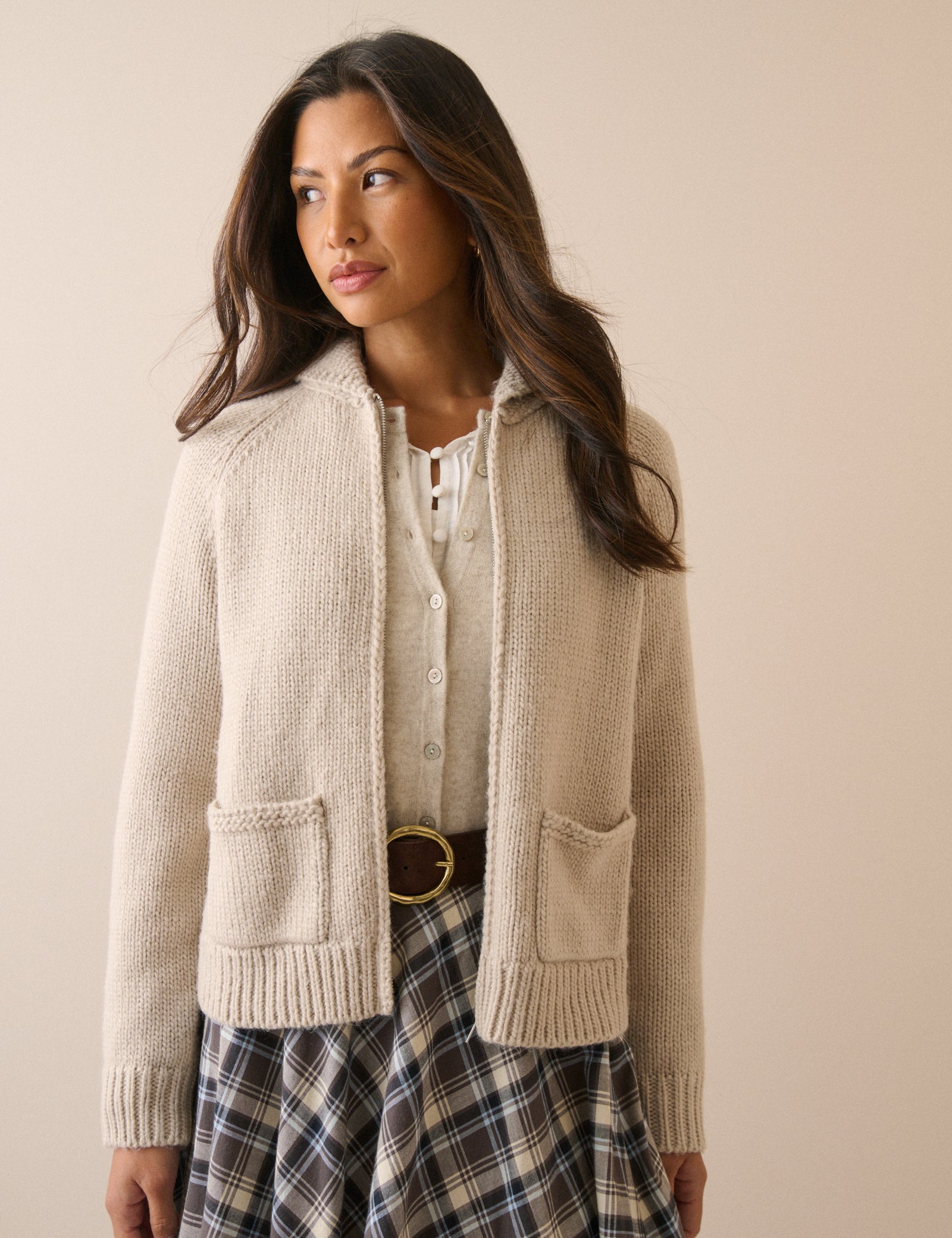 Oatmeal Ribbed Trim Knitted Jacket