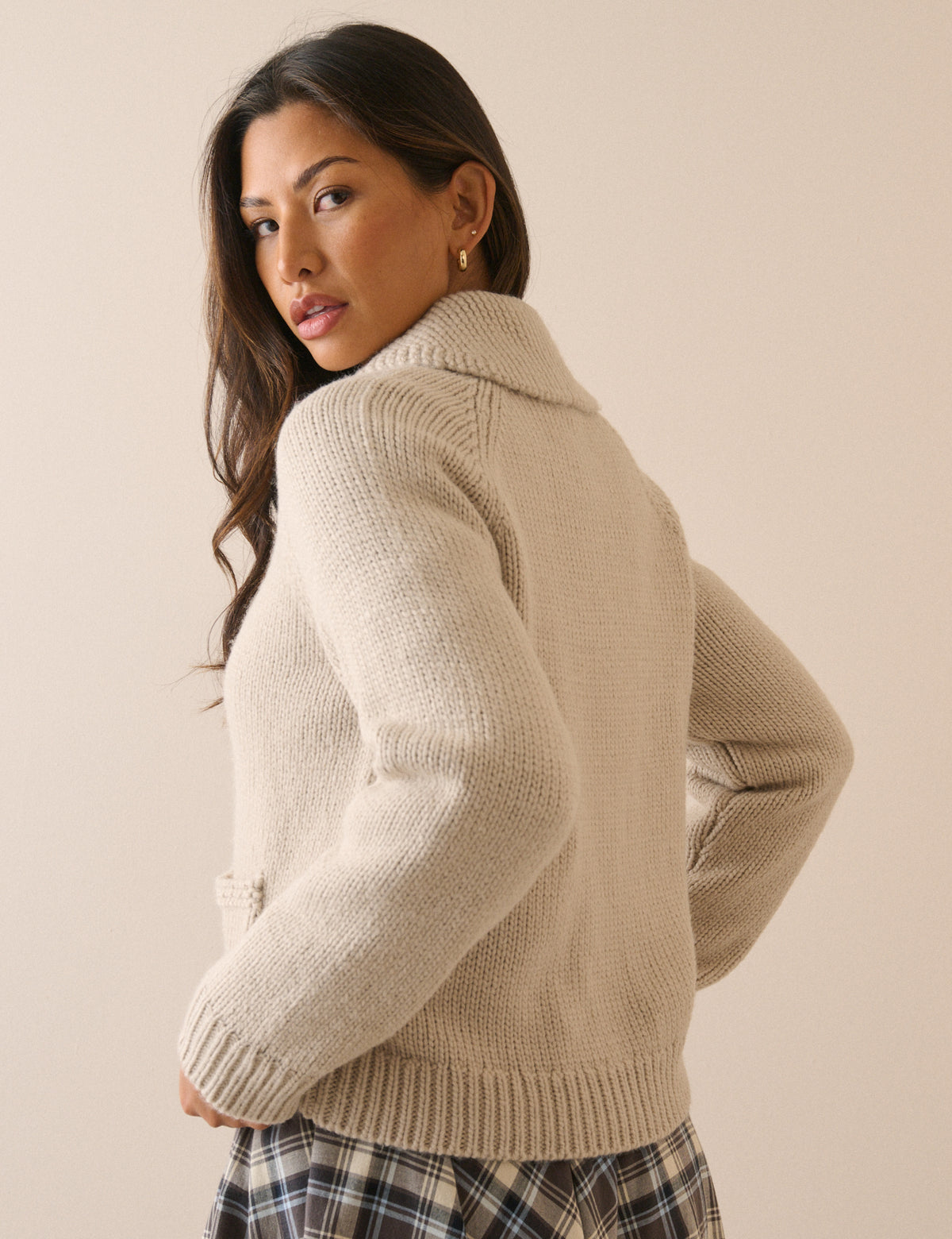Oatmeal Ribbed Trim Knitted Jacket