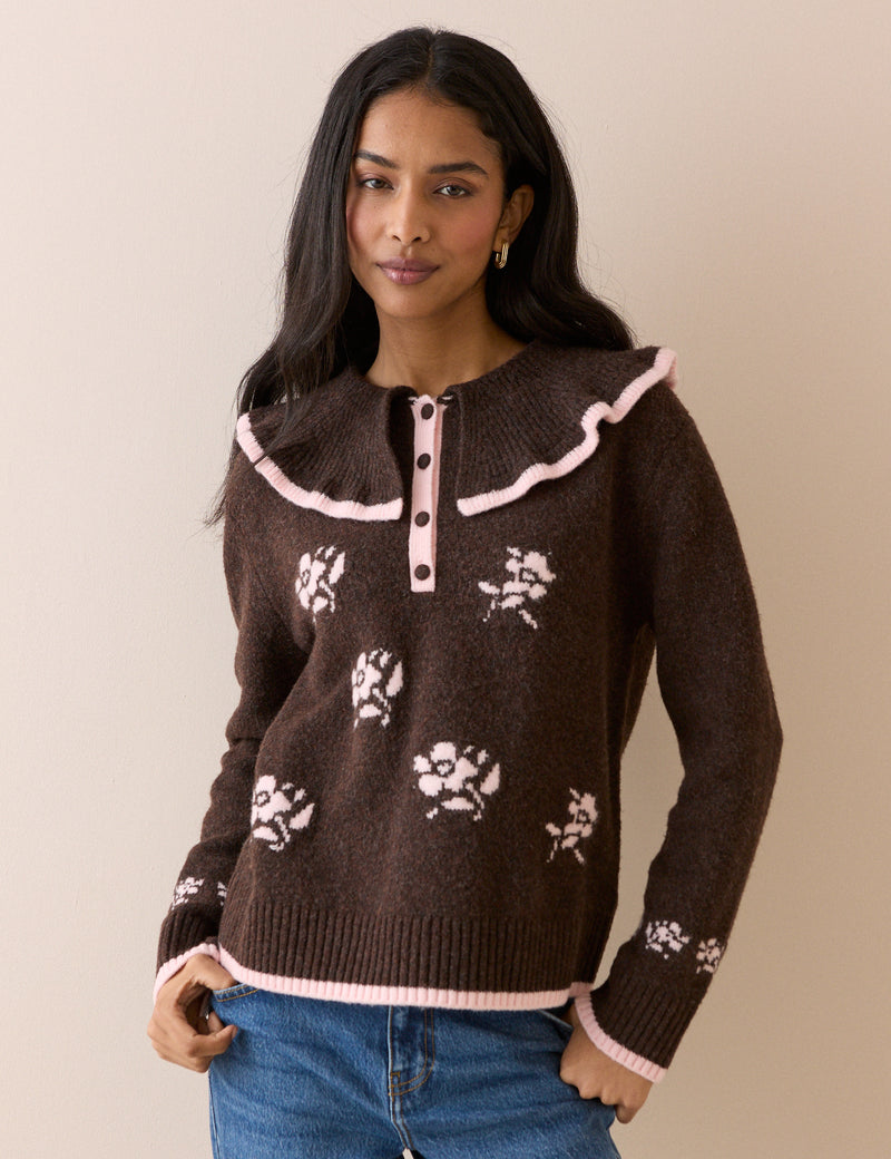 Brown and Pink Floral Ruffle Collar Jumper