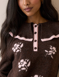 Brown and Pink Floral Ruffle Collar Jumper