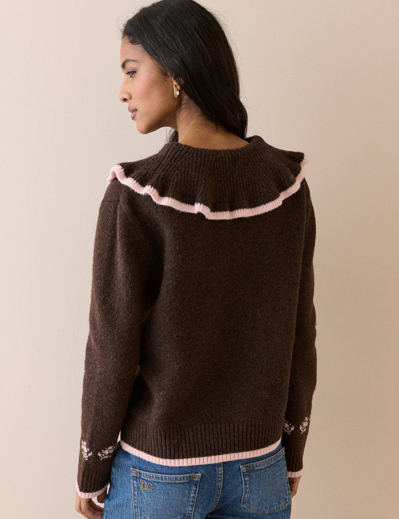 Brown and Pink Floral Ruffle Collar Jumper