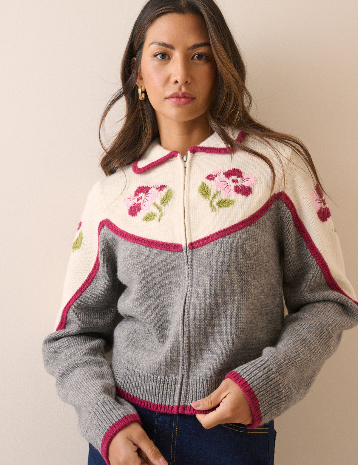 White and Grey Floral Knitted Jacket