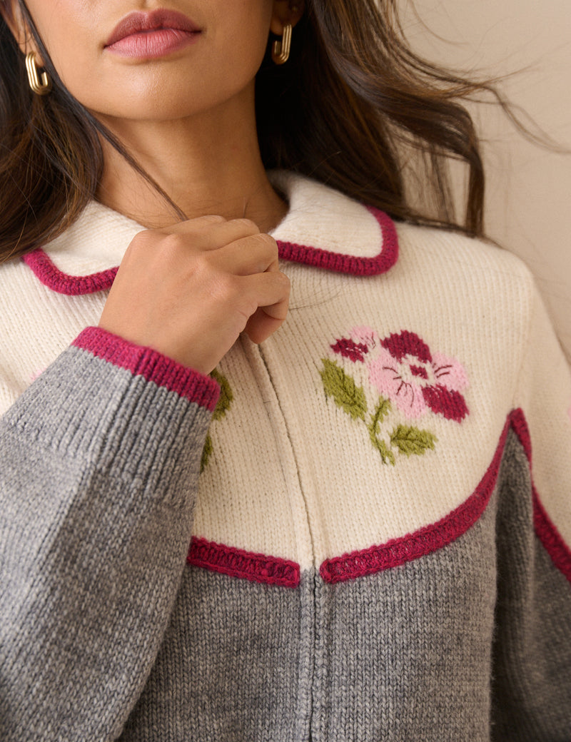 White and Grey Floral Knitted Jacket