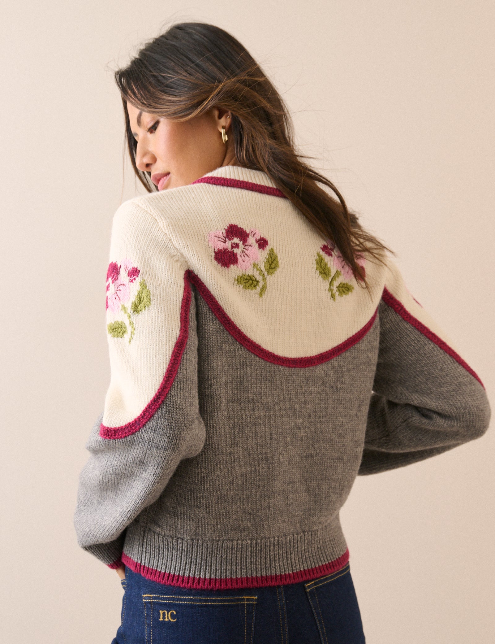 White and Grey Floral Knitted Jacket
