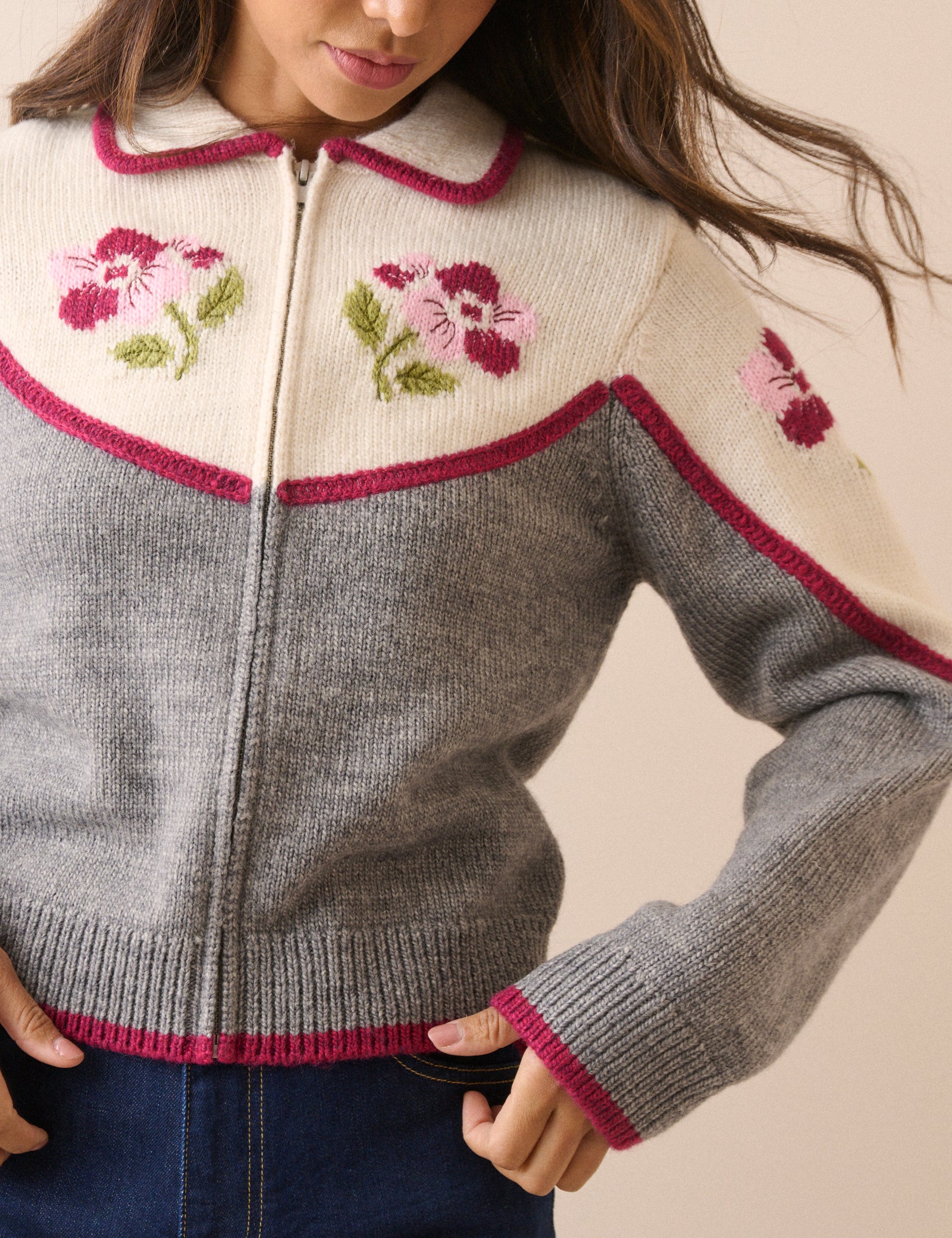 White and Grey Floral Knitted Jacket