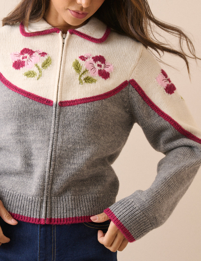 White and Grey Floral Knitted Jacket