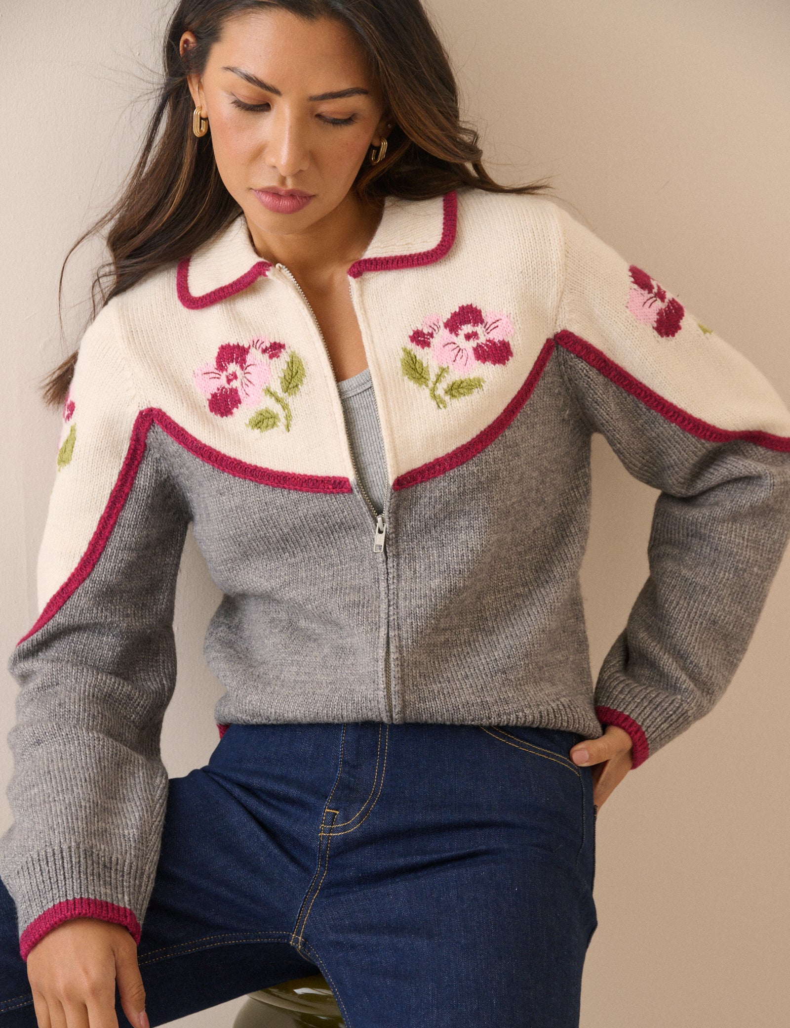 White and Grey Floral Knitted Jacket