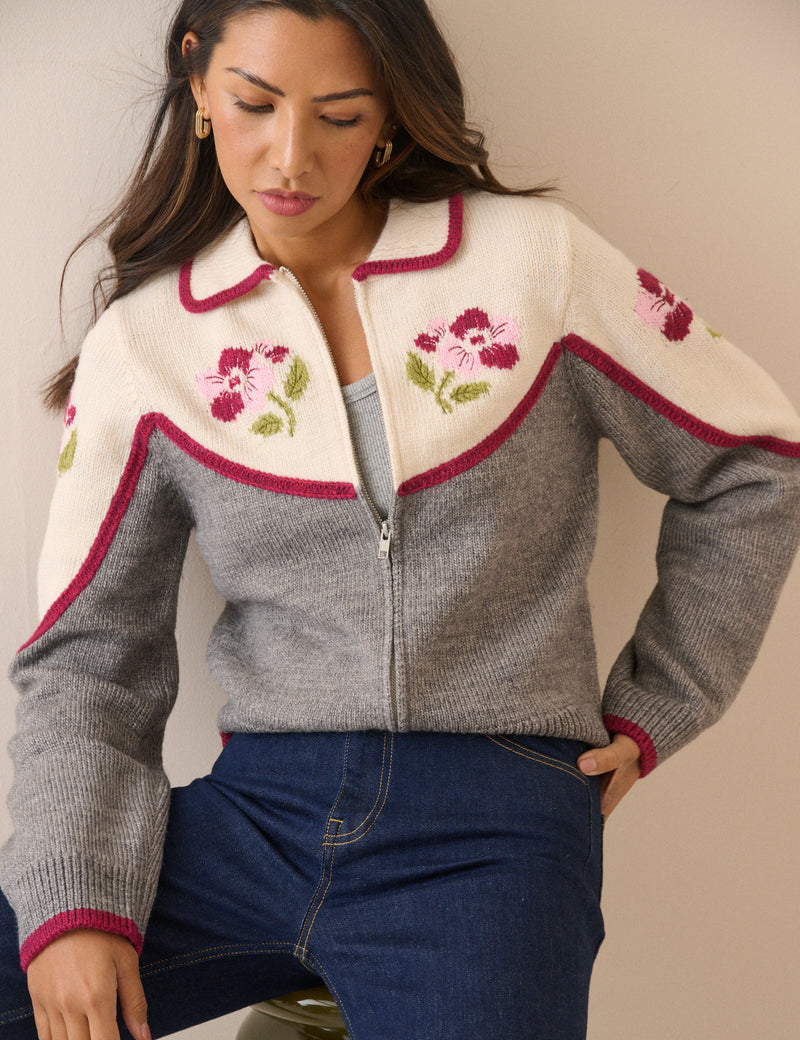 White and Grey Floral Knitted Jacket