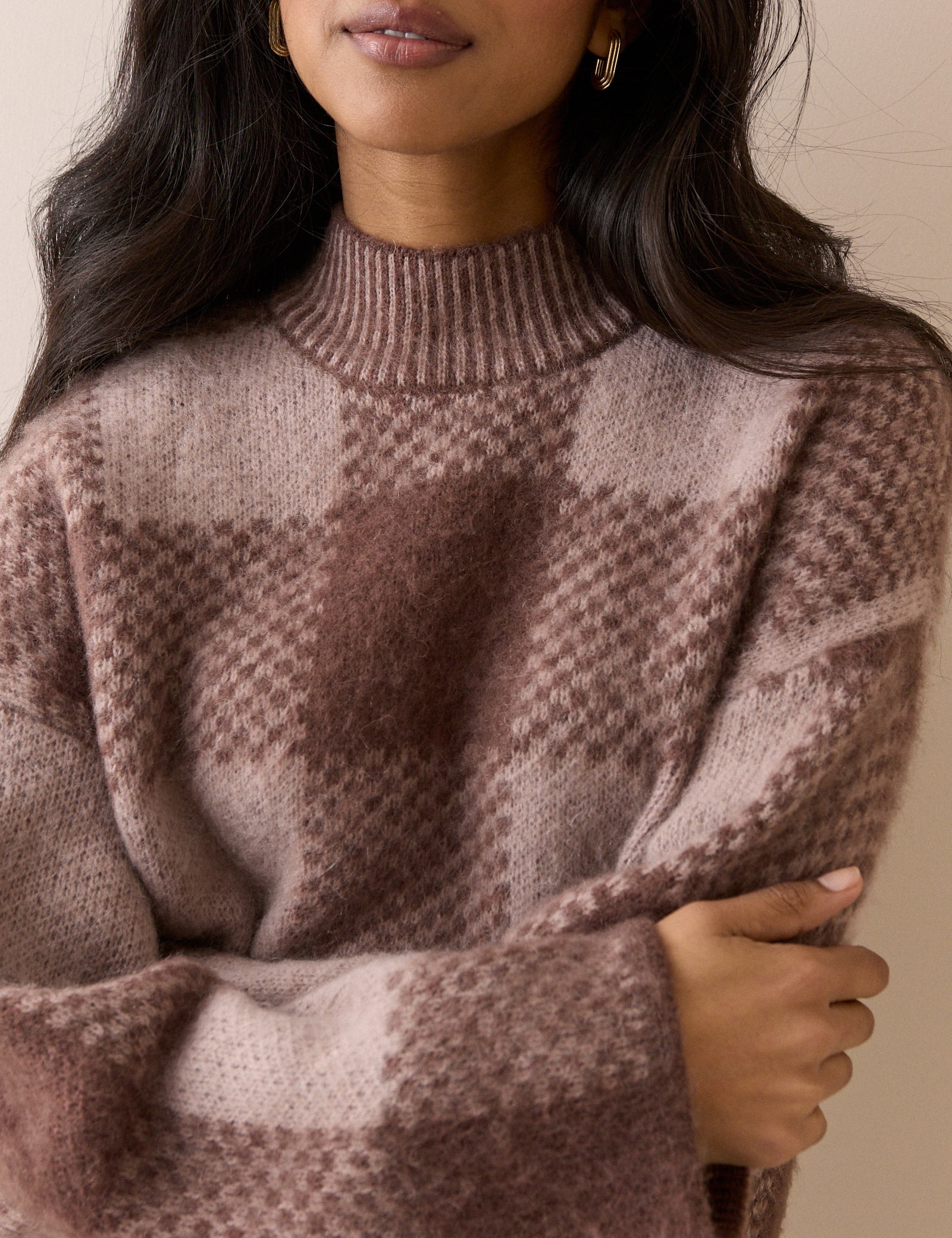 Brown Check Brushed Funnel Neck Jumper
