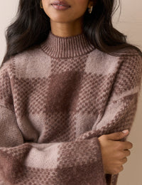 Brown Check Brushed Funnel Neck Jumper