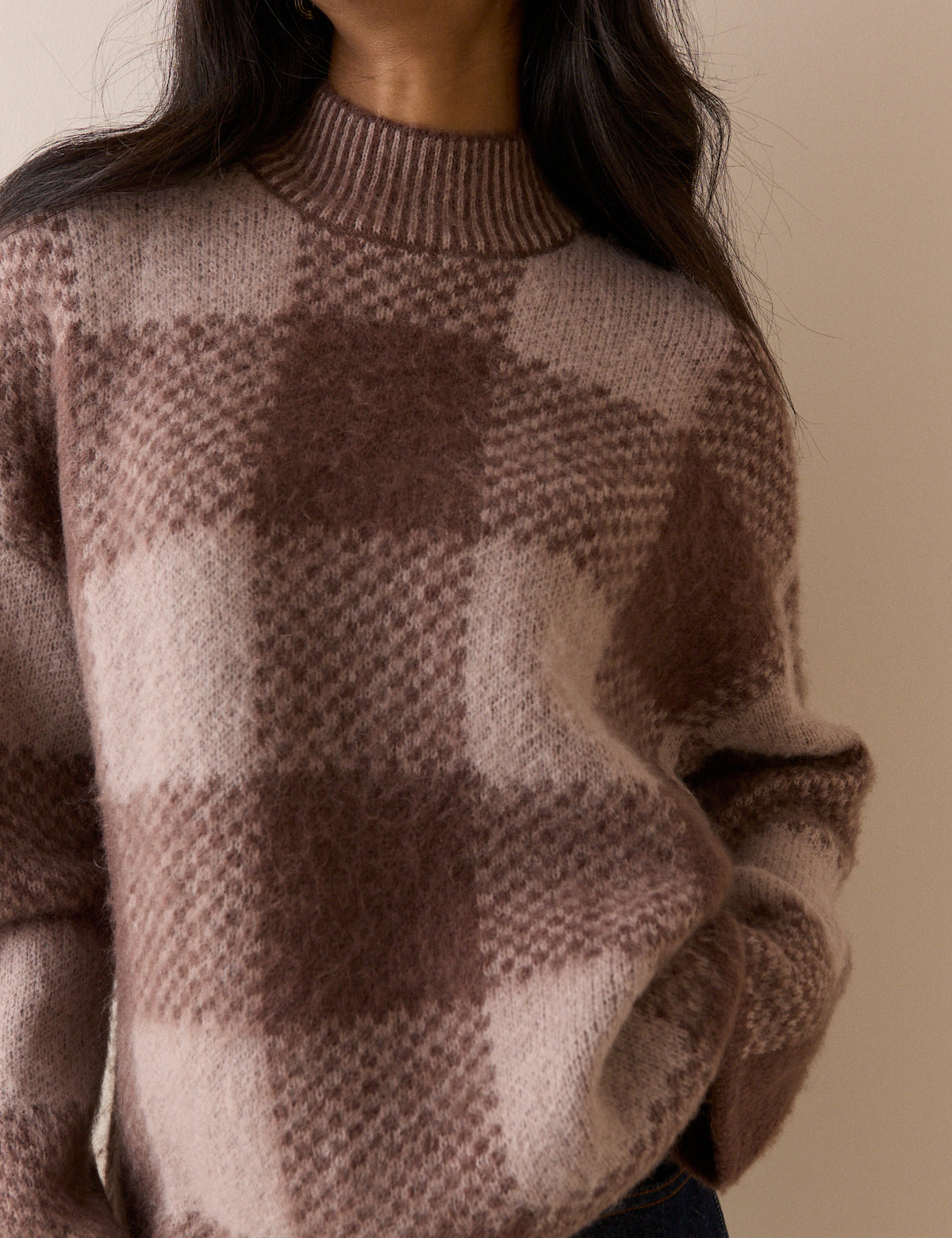 Brown Check Brushed Funnel Neck Jumper
