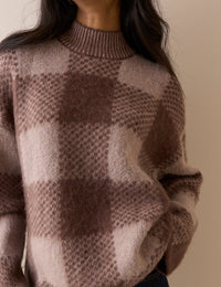 Brown Check Brushed Funnel Neck Jumper