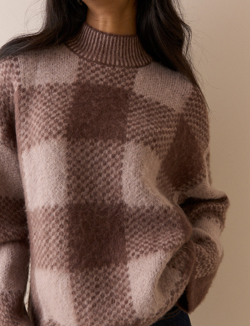 Brown Check Brushed Funnel Neck Jumper