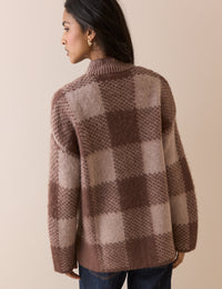 Brown Check Brushed Funnel Neck Jumper