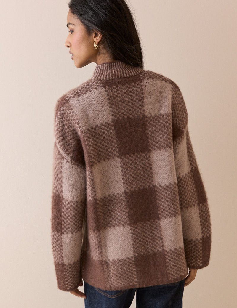 Brown Check Brushed Funnel Neck Jumper